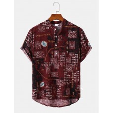 Mens Vintage Spliced Print Half Buttons Collar Short Sleeve Shirts