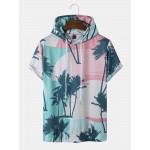 Men Coconut Tree Print Hooded Drawstring Short Sleeve Casual T  Shirts