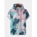 Men Coconut Tree Print Hooded Drawstring Short Sleeve Casual T  Shirts