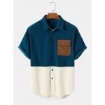 Mens Vintage Patchwork Chest Pocket Short Sleeve Shirts